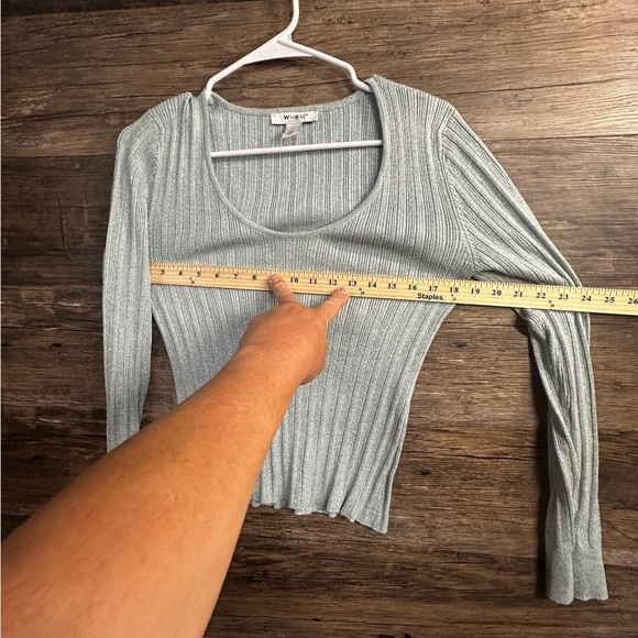 White House Black Market Light Blue Metallic Ribbed Fitted Sweater - Picture 8 of 10